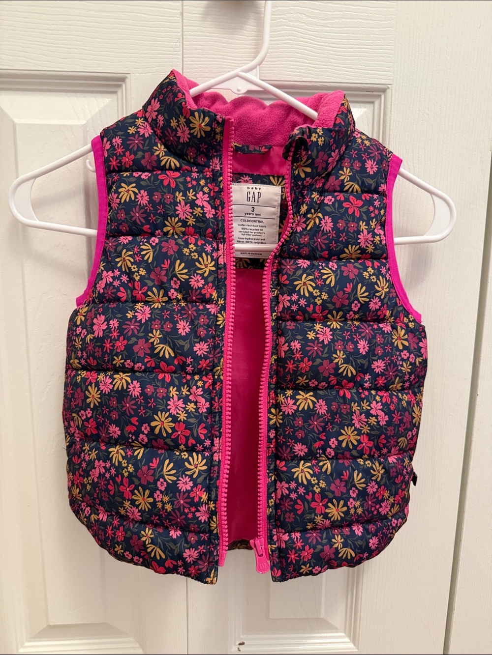 GAP Navy Floral Puffer Vest with Pink Trim